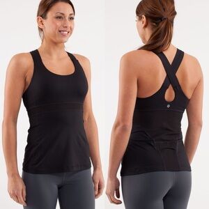Lululemon Swift Thick Strap Mesh Vent Criss Cross Keyhole Black Tank Top EUC 8